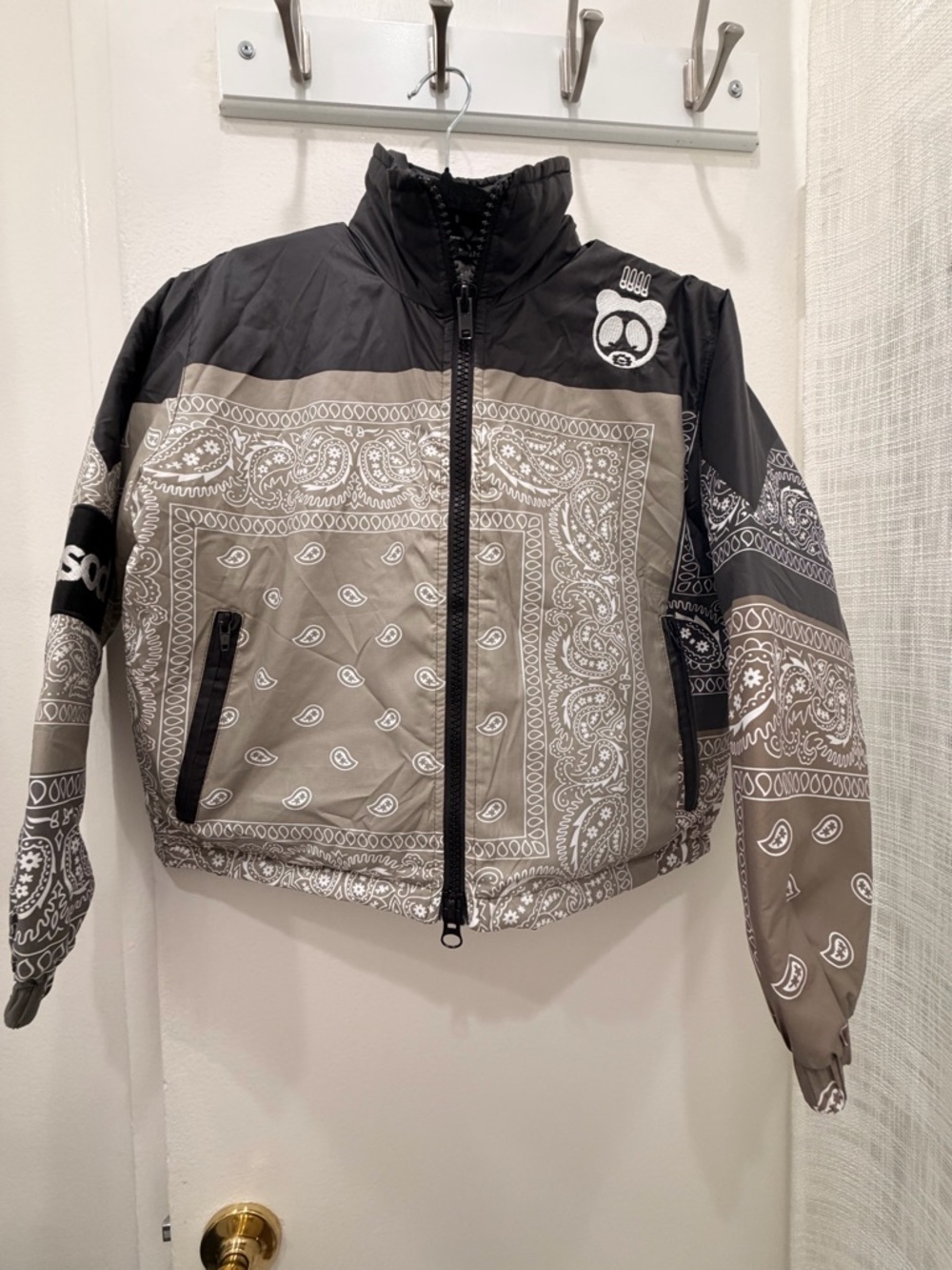 Paisley Panel Puffer Jacket in Black and Taupe